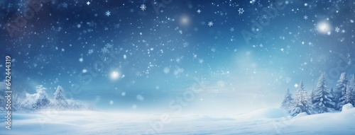 Winter panoramic background with snow. Snowflakes, drifts of snow and Christmas trees in the background © ProstoSvet