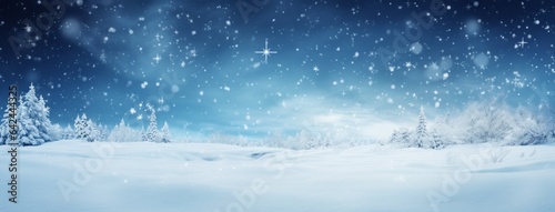 Winter panoramic background with snow. Snowflakes, drifts of snow and Christmas trees in the background © ProstoSvet