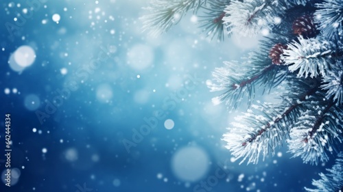 Frosted spruce branches and small drifts of pure snow with bokeh. Winter background