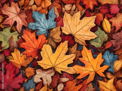 Nature's Carpet: Aerial View of Richly Hued Autumn Leaves. Generative ai