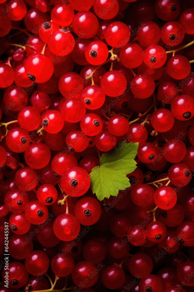 Generated photo-realistic image of the vibrant texture of many redcurrant clusters with green leaves Generated photo-realistic image of the vibrant texture of many redcurrant clusters with green leaves