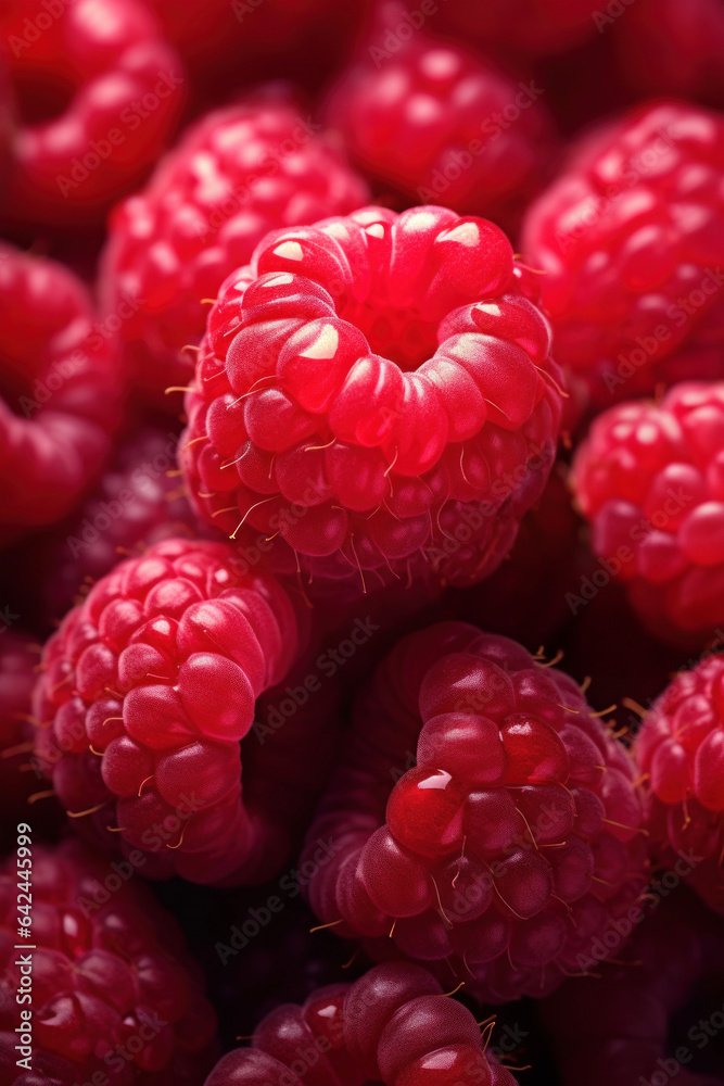 Close-up generated photo-realistic image of the unique texture of matte garden red raspberries Close-up generated photo-realistic image of the unique texture of matte garden red raspberries