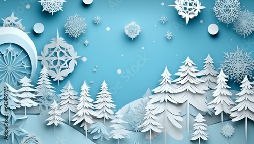 background christmas origami winter snowflakes art paper merry tree greeting blue. Generative AI. © VICHIZH