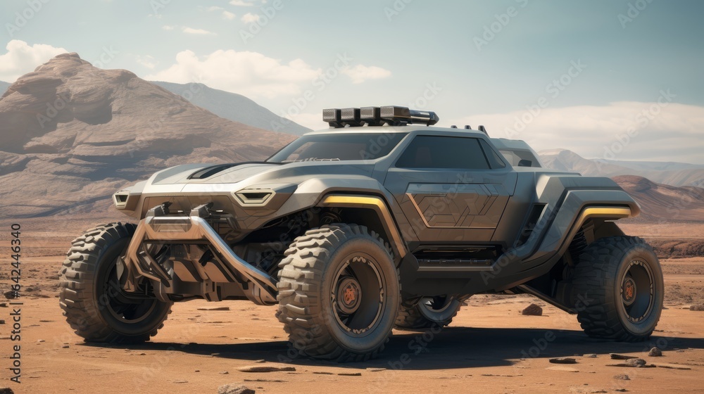Desert Trailblazers in Luxury Bliss: Futuristic 4x4 Cars Exploring Arid Beauty