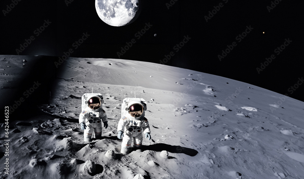 immagine primo piano di astronauti nella tuta spaziale sulla superficie di una luna, spazio scuro sullo sfondo