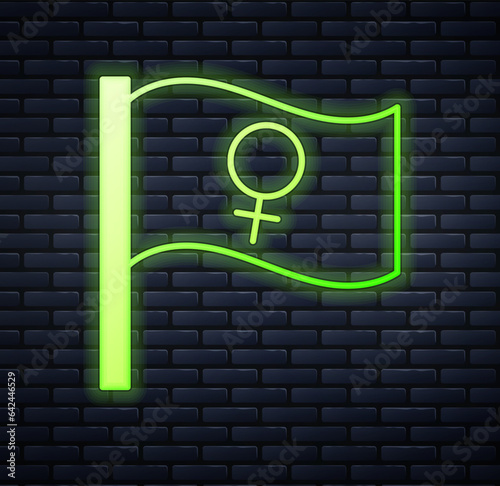 Glowing neon Female movement, feminist activist with banner and placards icon isolated on brick wall background. Feminist rights movement, feminism sisterhood. Vector