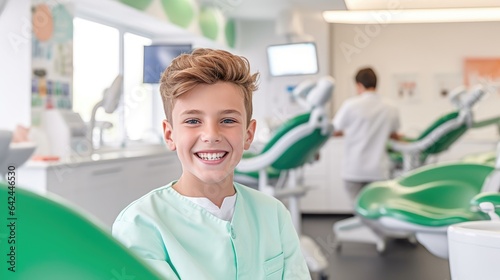 Smiling boy sitting on sofa at dental clinic waiting to be treated