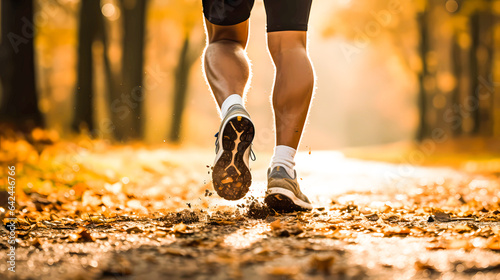 Athlete man running in sneakers trough the forest in autumn. Male jogging in running shoes closeup. Outdoor recreational training and active lifestyle 