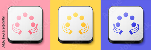Isometric Juggling ball icon isolated on pink, yellow and blue background. Square button. Vector