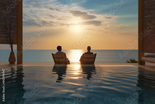 couple honeymoon relax vacation sunset pool romantic swimming travel back. Generative AI. © VICHIZH