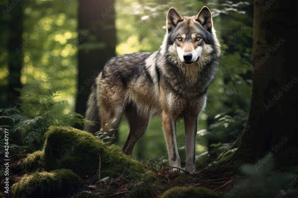a wolf in forest standing 