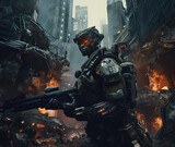 a soldier holding a rifle, special forces, futuristic, ruined city background. War.