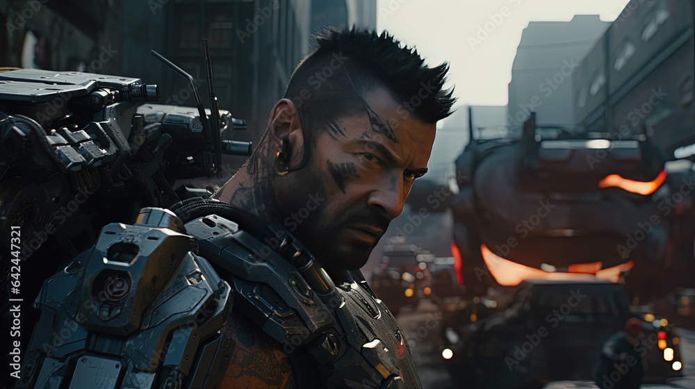 a soldier holding a rifle, special forces, futuristic, ruined city background. War. a soldier holding a rifle, special forces, futuristic, ruined city background. War.