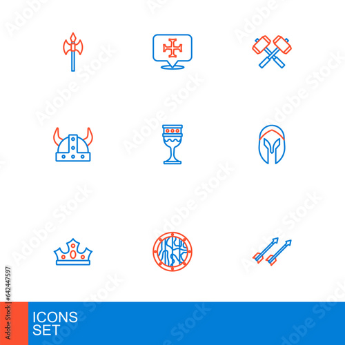 Set line Medieval arrows, Round wooden shield, King crown, helmet, Viking horned, goblet, Crossed battle hammers and Crusade icon. Vector