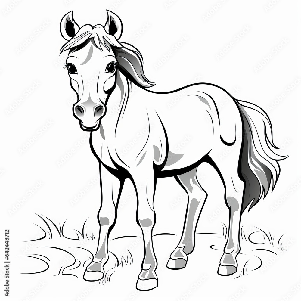 Whimsical Delight: Black and White Vector of a Cheerful Horse with Enchanting Big Eyes
