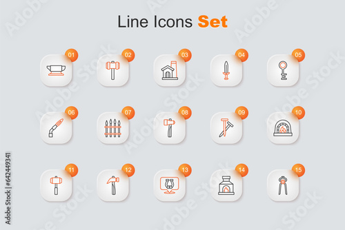 Set line Blacksmith pliers tool, oven, Horseshoe, Hammer, Sledgehammer, Metallic nails and icon. Vector