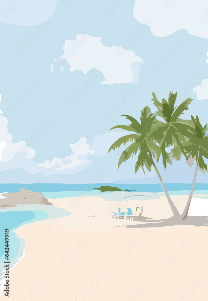 Sun-Kissed Serenity: Tranquil Beach Background with Sandy Shore, Crystal Waters, and Majestic Horizon, Perfect for Relaxing Vacations, Summer Parties, Coastal Decor, and Tropical-Themed Designs, High-