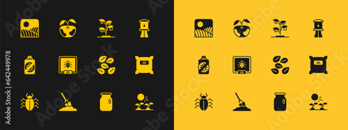 Set Water tower, Shovel in the ground, Seeds of specific plant, Glass jar with screw-cap, Colorado beetle, Sprout, Agriculture wheat field farm and Apple icon. Vector