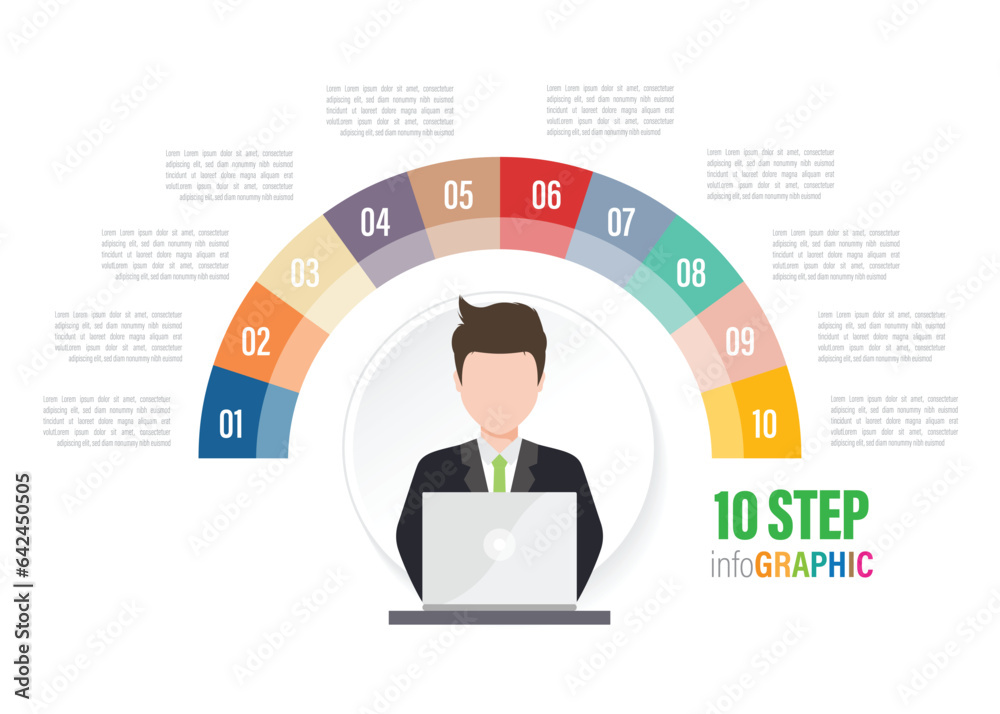 employee half circle Pie charts for infographics. Elements with 3, 4, 5, 6, 7, 8, 9, 10 steps, options.