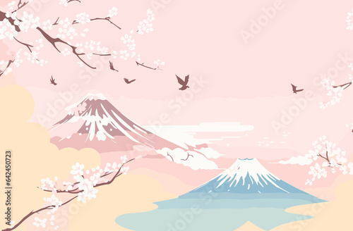 Cherry Blossom Landscape with Mountains and Sunset Sky