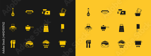 Set Cooking pot and spice, Grater, on fire, Kitchen meat grinder, whisk and colander icon. Vector