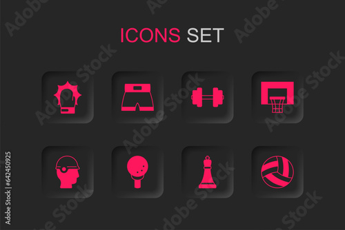 Set Golf ball on tee, Boxing short, Punch boxing gloves, Chess, Basketball backboard, Volleyball, Dumbbell and Baseball helmet icon. Vector