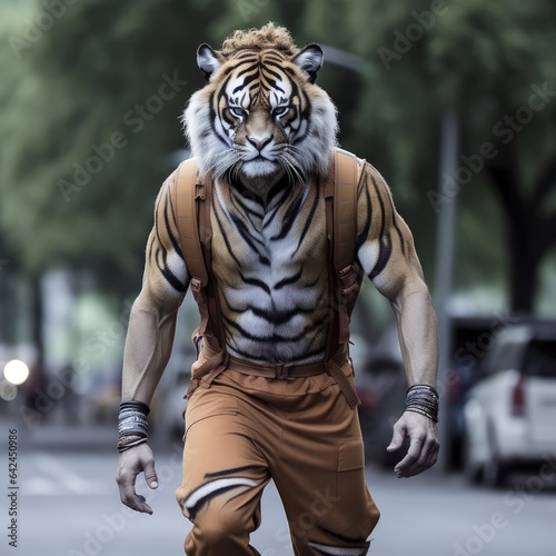 A tiger man walks through the city