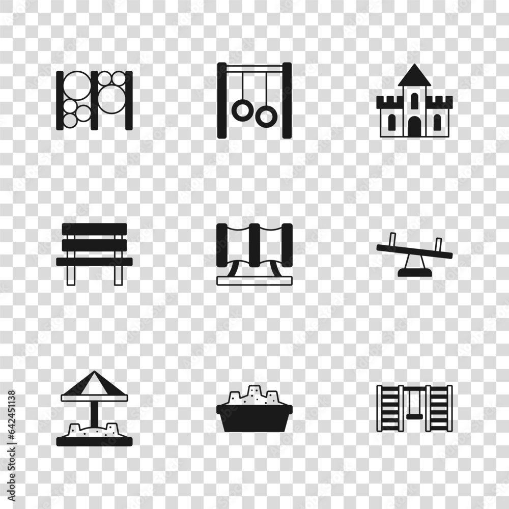 Set Sandbox with sand, Seesaw, Swedish wall, Kid playground slide pipe, castle, Playground climbing equipment, Gymnastic rings and Bench icon. Vector Set Sandbox with sand, Seesaw, Swedish wall, Kid playground slide pipe, castle, Playground climbing equipment, Gymnastic rings and Bench icon. Vector
