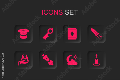Set Bow tie, Old magic key, Magic hat, Moon and stars, Dagger, Burning candle, carpet and Hand holding fire icon. Vector