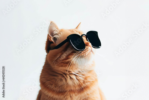 Portrait photo of a young orange cat wearing black sunglasses looking up with vision. Cute pet isolated on white background. © D.APIWAT