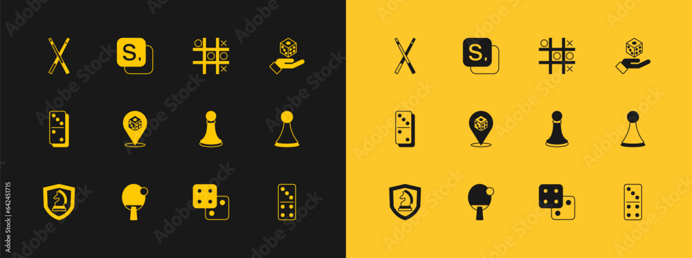 Set Game dice, Racket, Chess pawn, Tic tac toe game, Crossed billiard cues and Bingo icon. Vector Set Game dice, Racket, Chess pawn, Tic tac toe game, Crossed billiard cues and Bingo icon. Vector