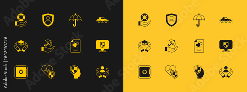 Set Flood car, Life insurance with shield, Marriage contract, Umbrella hand, Lifebuoy and icon. Vector