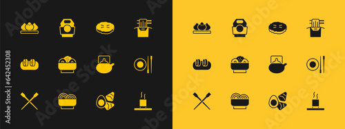 Set Asian noodles in paper box, bowl, Traditional tea ceremony, Chicken egg with vegerables, Chow mein plate, Homemade pie, Dumpling and icon. Vector