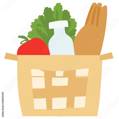 A bottle of milk, a bottle of milk and eggs, and a bottle of milk with a label, surrounded by various groceries such as food, vegetables, and fruits, in a shopping bag