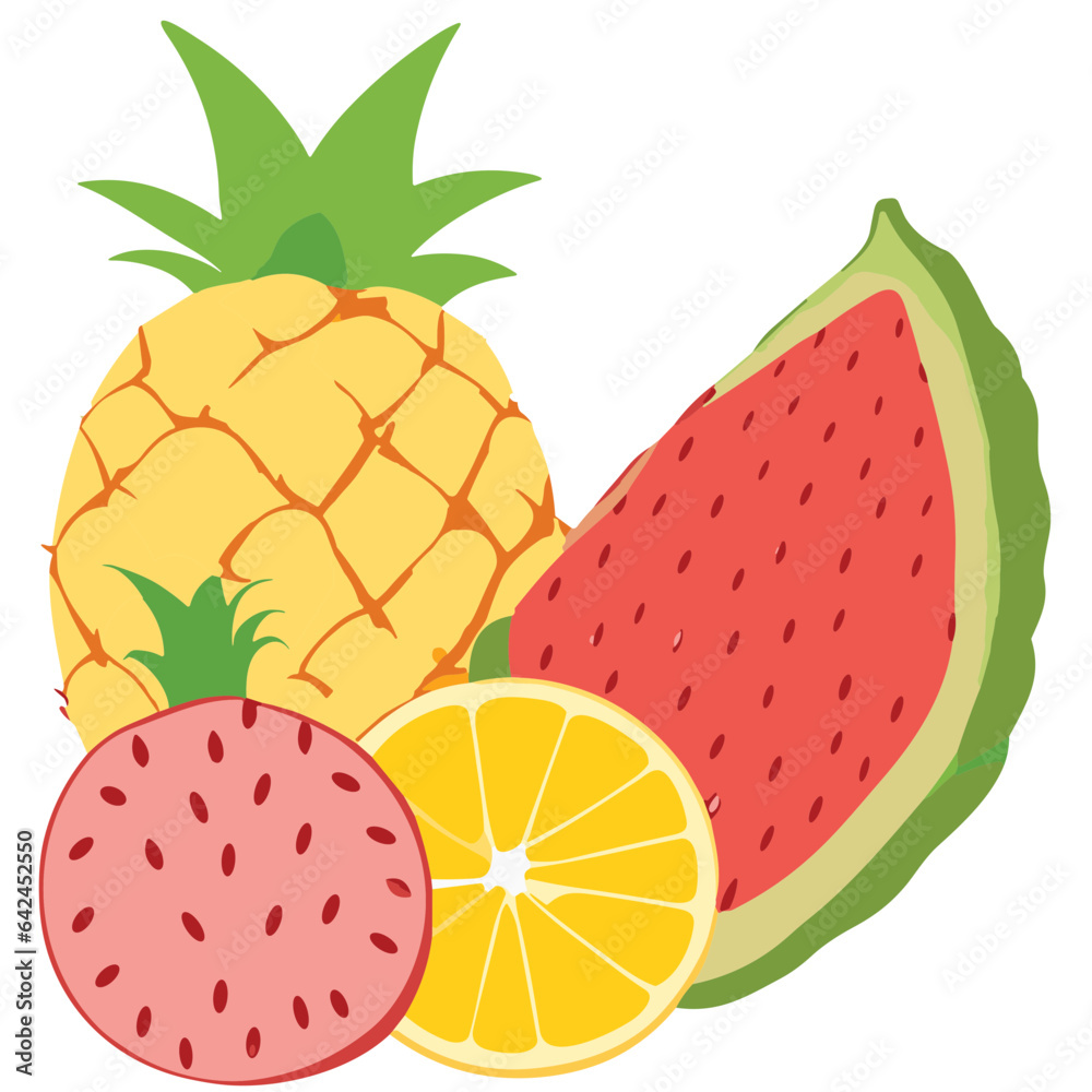 A vibrant illustration featuring a variety of fresh and juicy fruits, including oranges, lemons, and apples, surrounded by lush green leaves This nature-inspired vector design highlights the wholesome A vibrant illustration featuring a variety of fresh and juicy fruits, including oranges, lemons, and apples, surrounded by lush green leaves This nature-inspired vector design highlights the wholesome