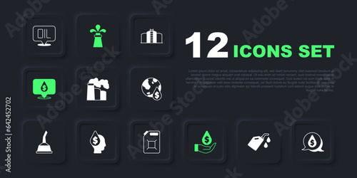 Set Canister for motor machine oil, Oil drop with dollar symbol, and gas industrial factory, rig and gasoline icon. Vector
