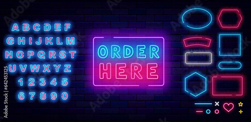 Order here neon emblem. Shiny blue alphabet. Online reservation. Booking concept. Vector stock illustration