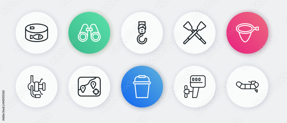 Set line Fishing bucket, net, Spinning reel for fishing, Outboard boat motor, Crossed oars paddles, Spring scale, Inflatable with and Location icon. Vector Set line Fishing bucket, net, Spinning reel for fishing, Outboard boat motor, Crossed oars paddles, Spring scale, Inflatable with and Location icon. Vector