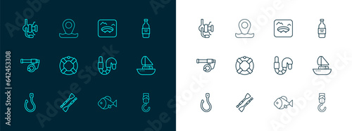 Set line Bottle of vodka, Oars or paddles boat, Worm, Fish, Lifebuoy, Winter fishing, Spinning reel for and Location icon. Vector