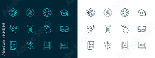 Set line Graduation cap, Trigonometric circle, Pear, Abacus, Law pillar, Gear, Atom and Exam sheet with plus grade icon. Vector