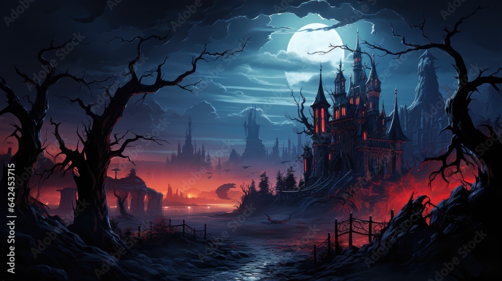Panorama gothic style background scary halloween atmosphere, full moon and graveyard night style