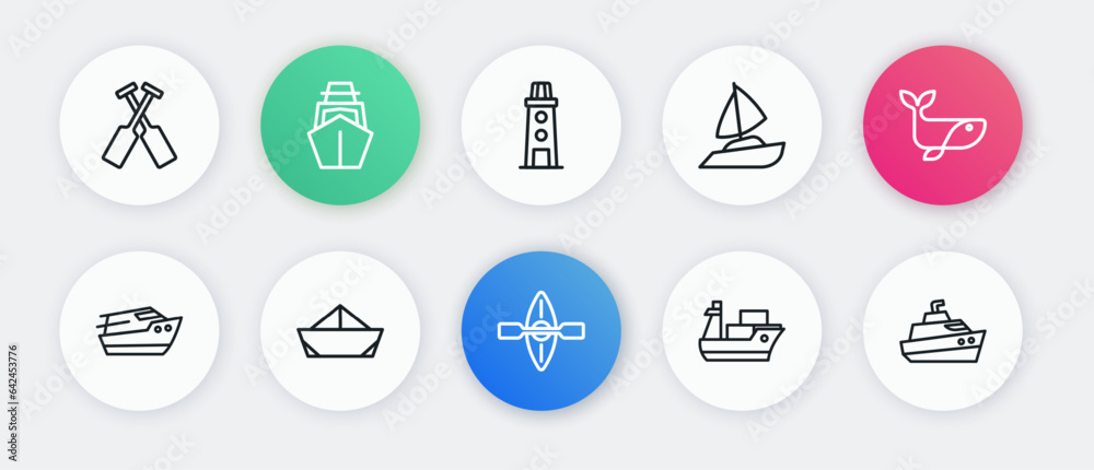 Set line Kayak and paddle, Whale, Speedboat, Cargo ship, Yacht sailboat, Lighthouse, and Folded paper icon. Vector Set line Kayak and paddle, Whale, Speedboat, Cargo ship, Yacht sailboat, Lighthouse, and Folded paper icon. Vector