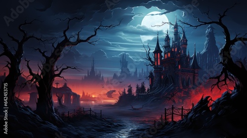 Panorama gothic style background scary halloween atmosphere, full moon and graveyard night style