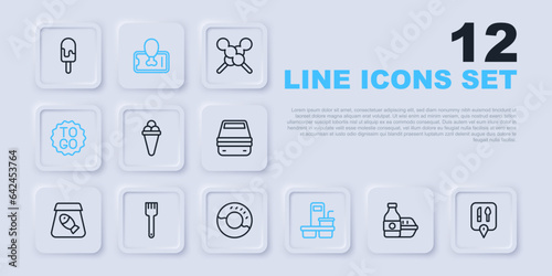 Set line Online ordering food, Cafe and restaurant location, Ice cream waffle, Coffee cup to go, Fork, Food mobile and Donut icon. Vector
