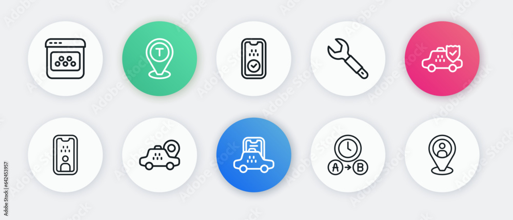 Set line Taxi mobile app, car insurance, driver license, waiting time, Wrench spanner, client and Location taxi icon. Vector