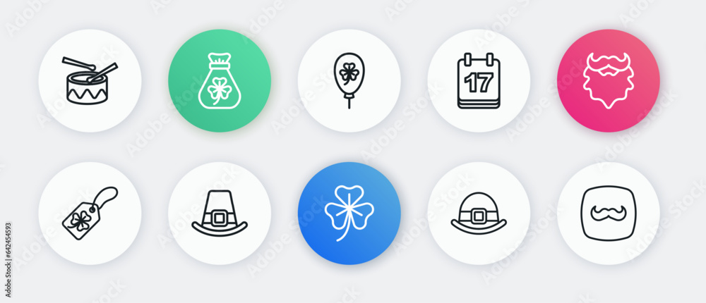 Set line Clover trefoil leaf, Mustache and beard, with tag, Leprechaun hat, Saint Patricks day calendar, Balloon clover, and icon. Vector Set line Clover trefoil leaf, Mustache and beard, with tag, Leprechaun hat, Saint Patricks day calendar, Balloon clover, and icon. Vector