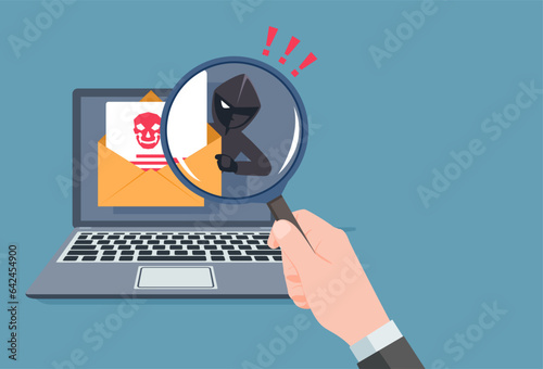 Phishing by email. hacker attacks a Laptop with a fake website. fraud scam and steal private data on devices. vector illustration flat design for cyber security awareness concept. photo