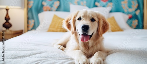 Colorful golden retriever puppy in an elegant bedroom with a king size bed table and pet friendly accommodations