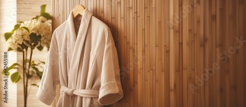 Close up of a new bathrobe in a hotel wardrobe representing relaxation and travel