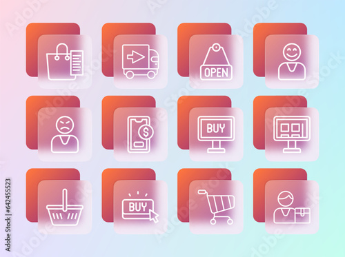 Set line Happy customer, Buy button, Shopping cart, Mobile with dollar, Hanging sign text Open, list and Delivery cargo truck icon. Vector